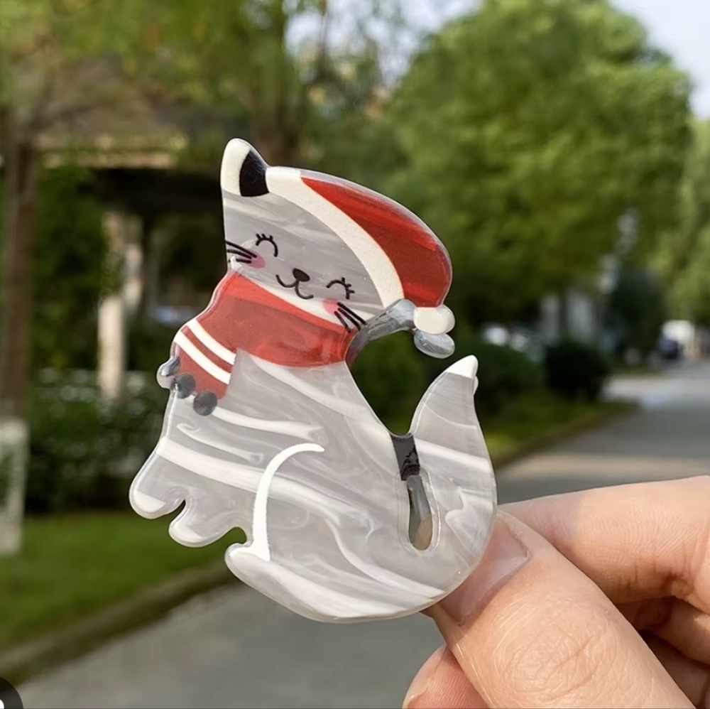 Christmas Gray Cat Kitty Santa Hair Claw Clip